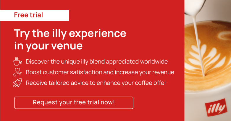Promotional banner for a free illy coffee tasting. Includes benefits like signature illy blend, free machine on loan, expert business support, increased revenue, and no commitment. Features a cup of illy coffee being poured.