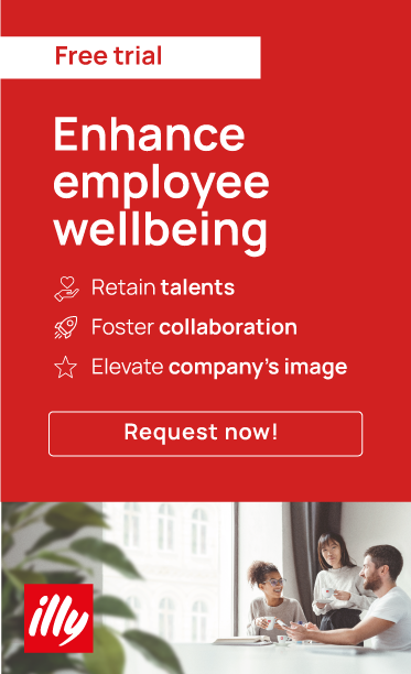 illy coffee free trial ad highlighting workplace benefits, with people chatting over coffee.